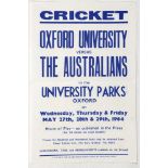 Australia tour to England 1964. Official match poster for Oxford University v The Australians played