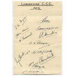 Lancashire C.C.C. 1939. Large album page very nicely signed in ink by twelve Lancashire players.