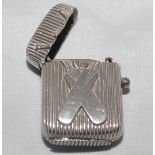 Cricket vesta case. Excellent silver metal vesta case, grooved case with crossed cricket bats and