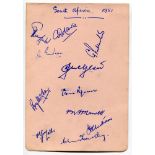 South Africa tour to England 1951. Album page signed in ink by eleven members of the South Africa