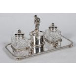 Cricket desk set. Silver plated cricket ink stand consisting of a centre silver plated pot with