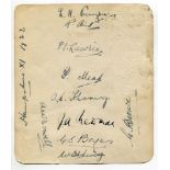 Hampshire C.C.C. 1922. Album page nicely signed in ink by ten Hampshire players. Signatures are