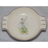 'Maurice Tate'. Large Sandland Ware ash tray with transfer printed colour image of Tate bowling to