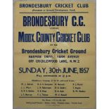 Brondesbury C.C. v Middlesex C.C.C. 1957. Official poster for the charity match played at