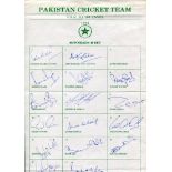 Pakistan tour to Sri Lanka 1994. Official autograph sheet signed by sixteen of the seventeen members