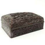 18th Century Chinese Carved Cinnabar Box. Depicts busy figural scene surrounded by a foliate border.