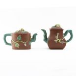 Grouping of Two (2) Antique Chinese Yixing and Enameled Clay Pottery Teapots. Stamped on