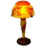 Art Deco Daum Nancy Cameo Glass Lamp. Domed shade and base both depicting orange and russet leaves