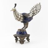 Vintage Chinese Silver Bone and Enamel Pheasant. Depicts a bone and enamel inlaid pheasant perched