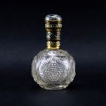 Antique French Champlevé Enamel and Crystal Perfume Bottle. Cut patterns on body with champlevé