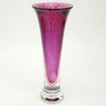 Linda Zmina, American (20th Century) Cranberry Colored Art Glass Trumpet Vase. Decorated with