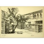 Ari Ogen, Israeli (20th Century) Original Etching "Tree near Village" Pencil Signed and Numbered