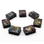 Grouping of Seven (7) Vintage Russian Judaica Lacquered Boxes. Each is individually signed to top