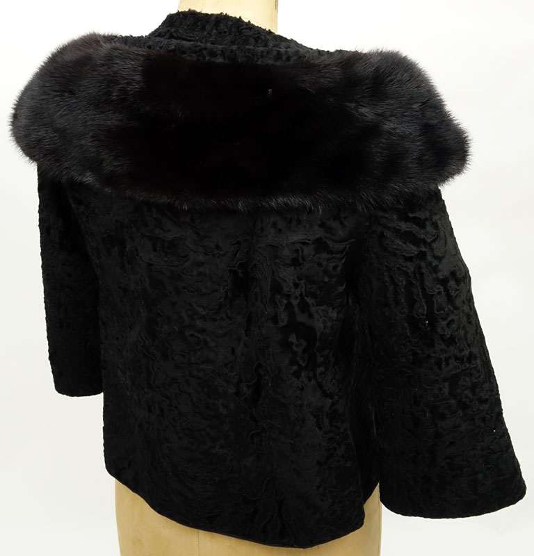Vintage Marshall Field Company Black Persian Lamb Coat. Mink shawl collar, three-quarter sleeve. - Image 3 of 5