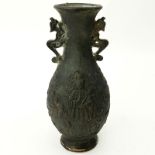 Ancient Chinese Bronze Vase. Figural motif. Signed. Good condition. Measures 7-3/4" H. Shipping $