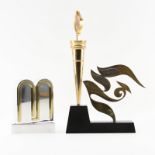 Grouping of Two (2) Modern Judaica Sculptures Signed Michel. Includes: a chrome and brass rotating