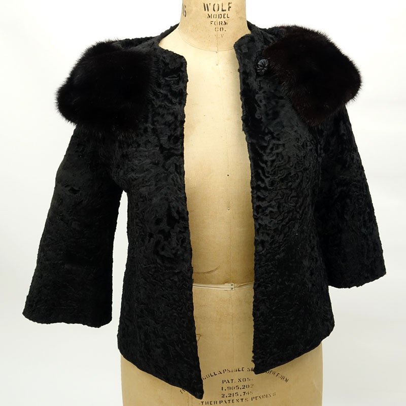 Vintage Marshall Field Company Black Persian Lamb Coat. Mink shawl collar, three-quarter sleeve. - Image 2 of 5
