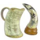 Two Pieces Vintage Carved Horn. One, a cup/pitcher with wood bottom. Unsigned. Vintage condition.