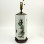 Antique Chinese Porcelain Hat Stand Lamp. Hand painted bird and flower motif with prose. Unsigned.