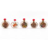 Grouping of Five (5) Vintage Chinese Reverse Painted Snuff Bottles. Mainly depicting villagers and