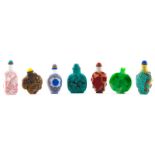 Grouping of Seven (7) Antique or Vintage Chinese Snuff Bottles. Includes: carved jade mythological