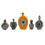 Grouping of Five (5) Vintage Snuff Bottles. Includes: large Tibetan yellow beeswax silver and