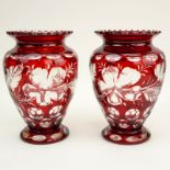Pair of Bohemian Ruby to Clear Vases. Bulbous form with flowers and clear cut patterns. Normal