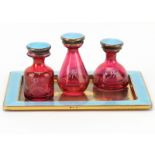 Vintage Italian Guilloche Enamel, Silver and Etched Glass Scent Bottles On Tray. Signed Italy 925.