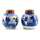 Pair of Chinese Blue and White Porcelain Covered Ginger Jars. Decorated with courtyard scene on each