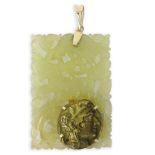 Chinese Jade Carved Reticulated Pendant with Gold Loop. Mounted with coin in gold frame.