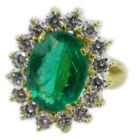 Oval Cut Brazilian Emerald, Approx. 4.15 Carat Round Brilliant Cut Diamond and 18 Karat Yellow