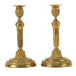 Pair Antique Bronze Candlesticks. Unsigned. One with bent bobeche or in good antique condition.