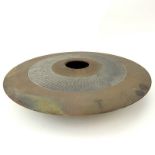 Contemporary Raku Pottery Vase. Signed. Good condition. Measures 3-1/2" H x 14-1/2" Dia. Shipping $