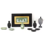 Grouping of Ten (10) Wedgwood Jasperware Items. Includes: framed plaque (10" H x 15" W), three bud