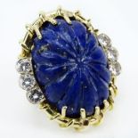 Vintage Approx. 1.20 Carat Round Brilliant Cut Diamond, 14 Karat Yellow Gold and Carved Lapis Lazuli