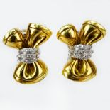 Lady's Vintage Italian 18 Karat Yellow Gold Bow Earrings accented with approx. .50 carat small round