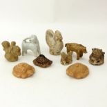 Collection of Nine (9) Early Chinese Pottery and Stone Mat Weights and Figurines. Unsigned. One with