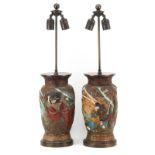 Pair of Antique Japanese High Relief Pottery Vases Mounted as Lamps. Both hand painted with scenes