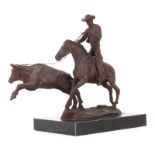 After: C.M. Russell, American (1864-1926) "Cowboy Roping Bull" Bronze Sculpture on Black Marble