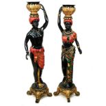 20th Century Pair of Cold Painted Bronze Blackamoors on Parcel Gilt Pedestal Bases. Unsigned. Very