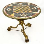 19th Century Italian Pietra Dura Round Marble Specimen Game Table. Painted wrought iron base with