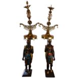 Pair of 20th Century Polychrome Wood and Brass Blackamoor Sculptures Mounted as Lamps. Brass