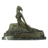 Mid Century Art Deco Chiparus Style Bronze Sculpture on Black Marble Base. Depicts a deco dancer