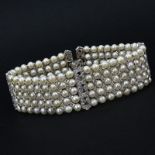 Edwardian style Five Row Pearl, 1.94 Carat Diamond and 18 Karat White Gold Bracelet. Pearls