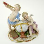 Circa 1860s Meissen Hand Painted Porcelain Cherub Astronomers Group. Blue crossed mark and impressed