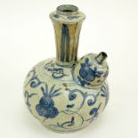 17th Century Persian Blue and White Spouted Vessel. Blue underglaze patterns on surface, crackle