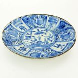 17th Century Persian Blue and White Glazed Ceramic Shallow Bowl. Depicts several floral motif on