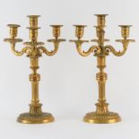 Pair 19th Century Louis XVI Style Gilt Bronze 3 Branch Candelabra. Unsigned. Wax remnants or in good