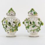 19th Century Chelsea Porcelain Applied Flower and Semi Pierced Covered Jars. Unsigned. Losses to