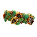 Vintage Carved Emerald, Diamond, Ruby, Emerald, Enamel and Heavy 18 Karat Yellow Gold Bracelet.